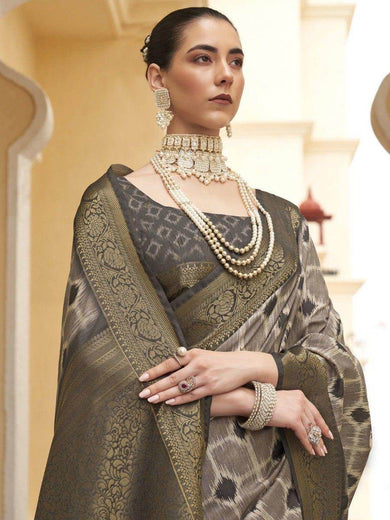 Charming Grey & Sage Green Digital Printed Silk Saree With Blouse